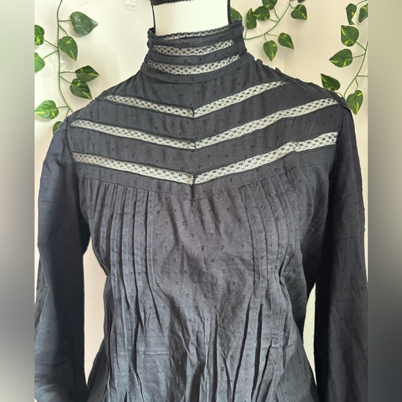 Women's Black Lace-Trim High-Neck Long Sleeve Blouse - Picture 6 of 14